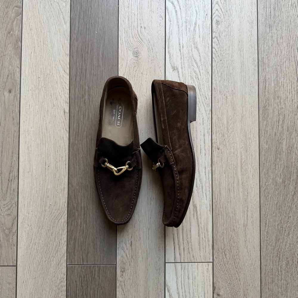 Coach Dark Brown Suede Loafers with Gold Accent